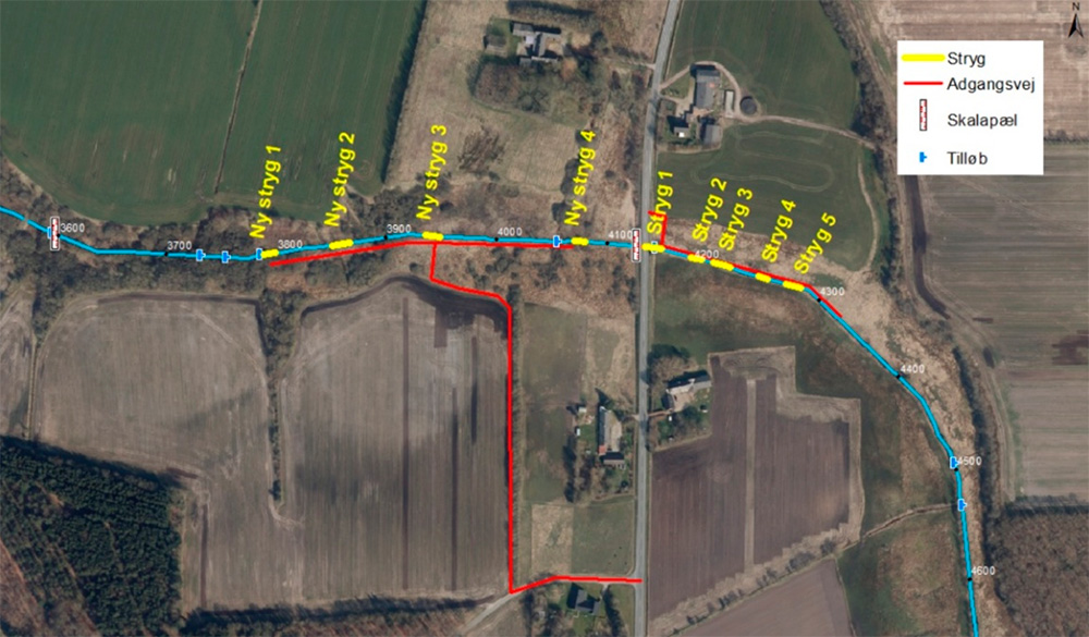 Figur 1: Detailkort over strygenes placering, samt adgangsvej